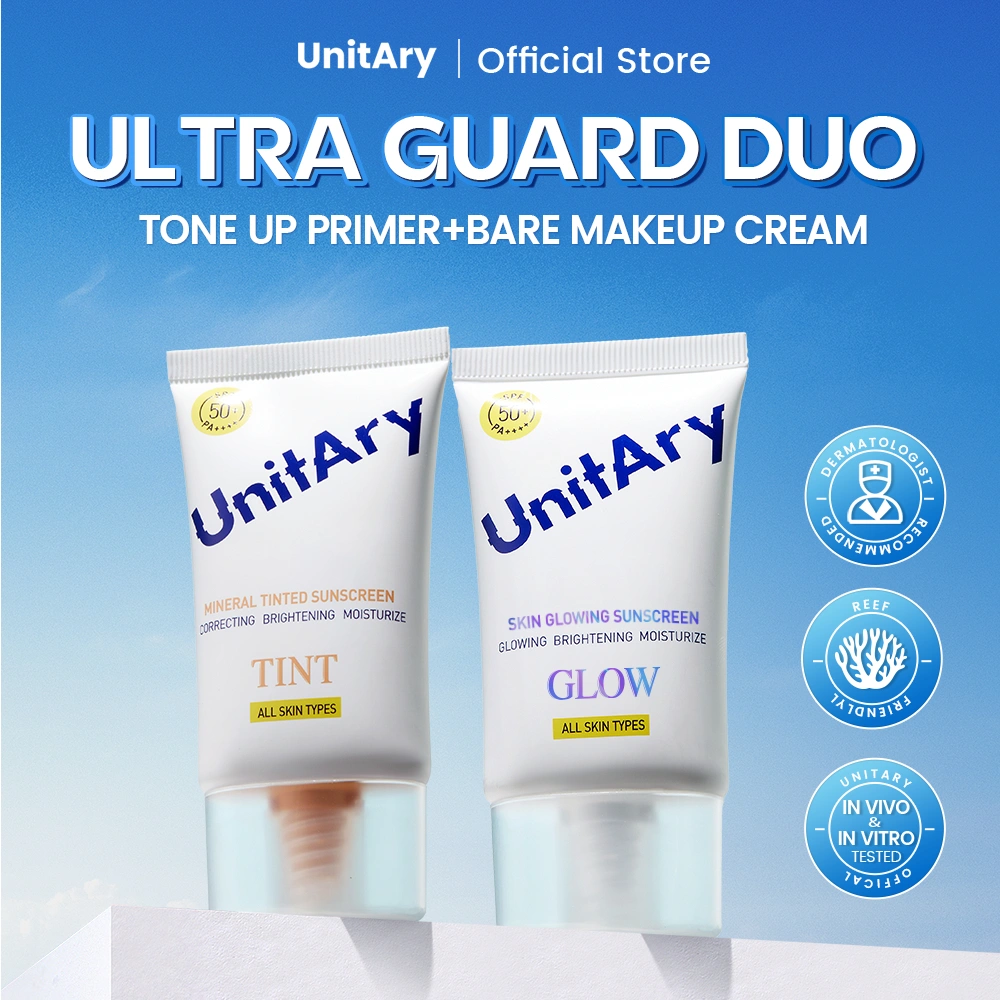 [ULTRA GUARD DUO] Unitary Mineral Tinted Physical Sunscreen SPF50+ PA++++,Skin Glowing Sunscreen SPF50+ PA++++ Ultra Guard& Glow Tahan Lama, SheerCoverage,Non-AcneSesuaikan Keseimbangan Air dan Minyak[Hassle-free Formula & Breathable]