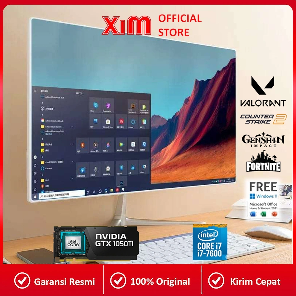 Xim PC Pc All In One Intel Core i7-7600U NVIDIA GTX 1050 Ti VRAM 4GB Komputer Full Set Pc Gaming Fullset Mini Pc Monitor Pc Gaming Keyboard Mouse Mouse Pad Gratis Ram 16GB SSD 1TB Full HD Windows 10 11 Adobe Photoshop