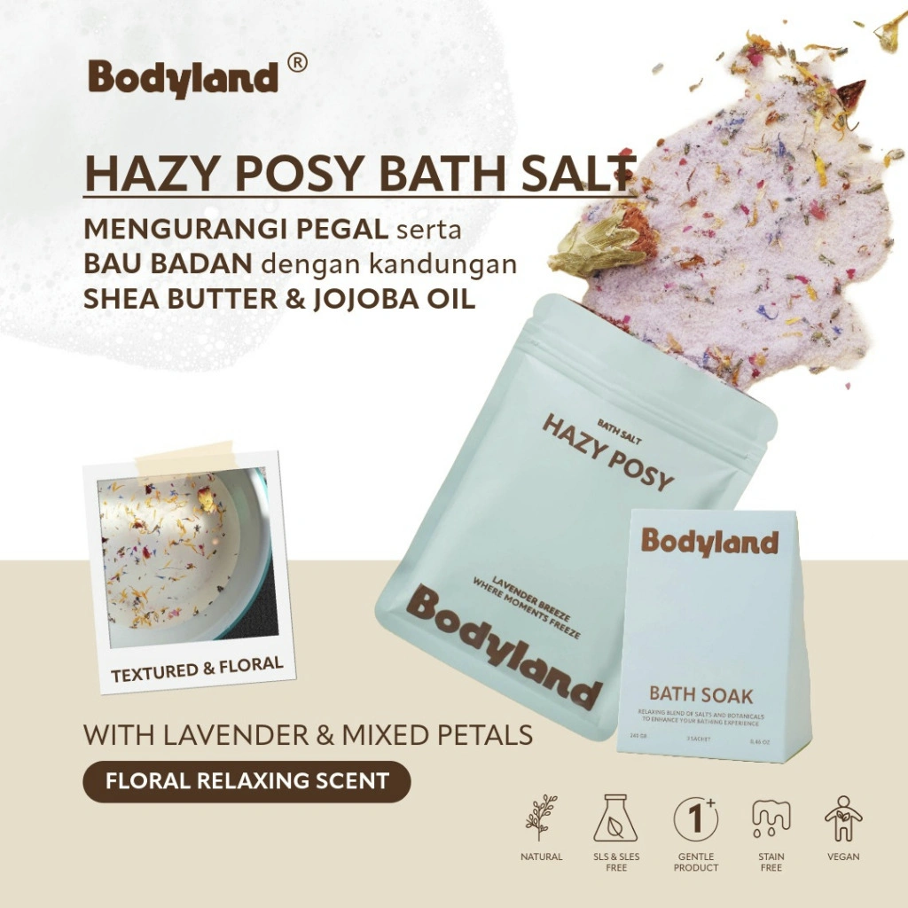 Bath Salt Garam Mandi - Bodyland - Hazy Posy - Lavender Floral Relaxing - Melancarkan Peredaran Darah, Mengurangi Pegal & Bau Badan, Anti Bakteri - 80 gr