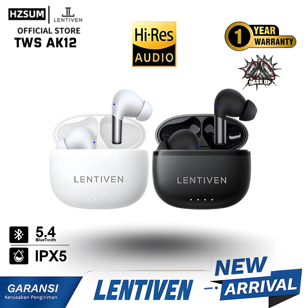 HZSUM LENTIVEN Earbuds TWS Wireless Earphone Bluetooth 5.4 Hi-Res Audio IPX5 Garansi 1 Tahun AK12