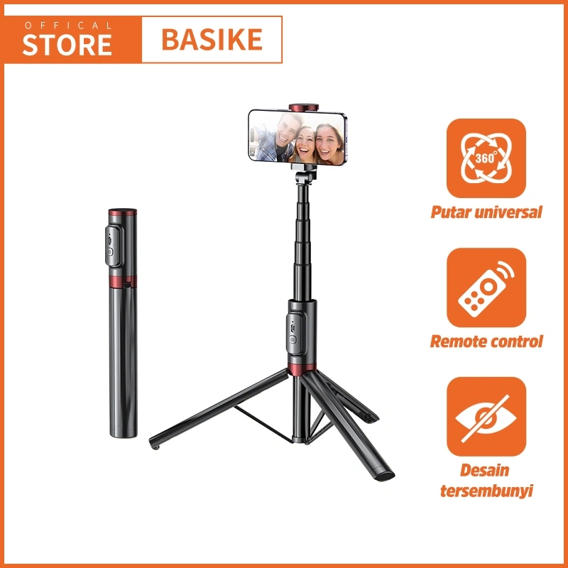 BASIKE Tongsis Tripod Bluetooth Remote hp Selfie Stick Konten Kreator with Lampu Fill light Remote