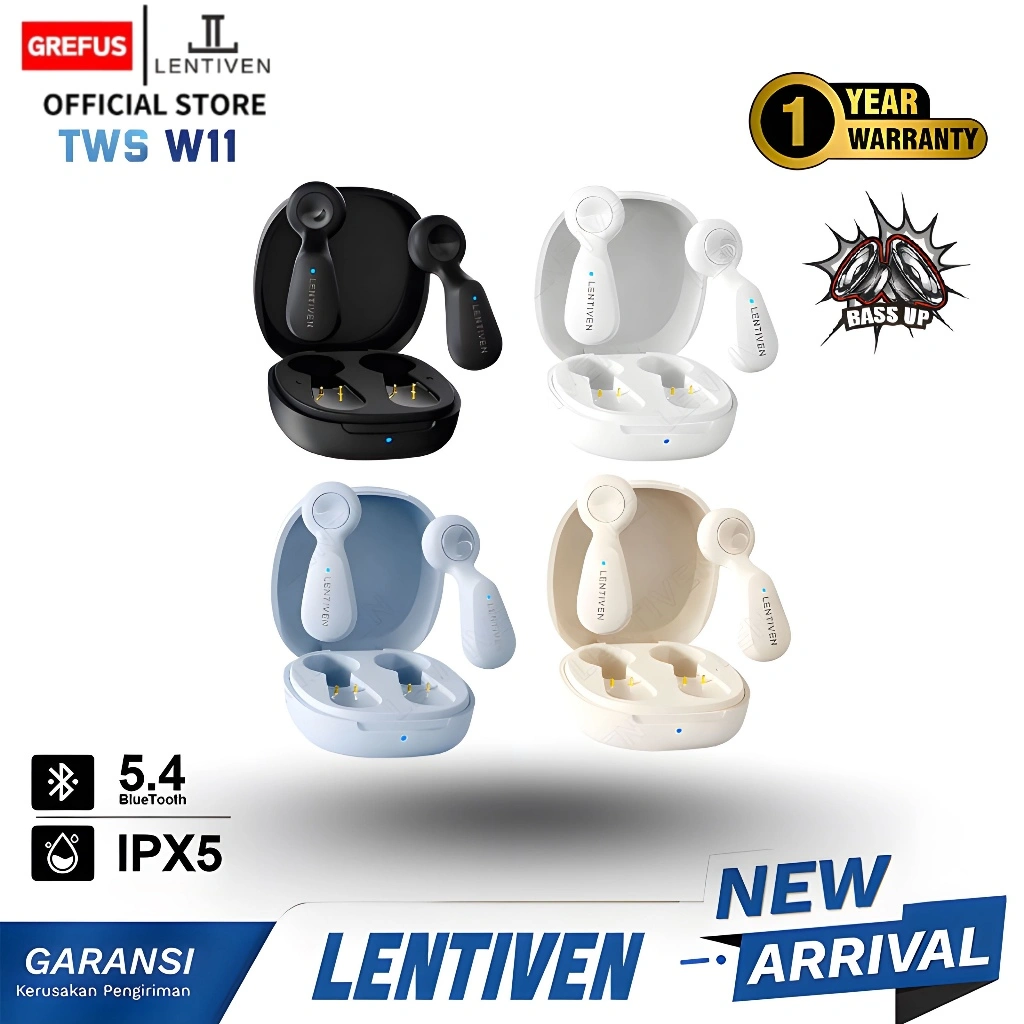 GREFUS LENTIVEN HEADSET Earbuds TWS Wireless Earphone Bluetooth 5.4 Hi-Res Audio IPX5 Garansi 1 Tahun W11