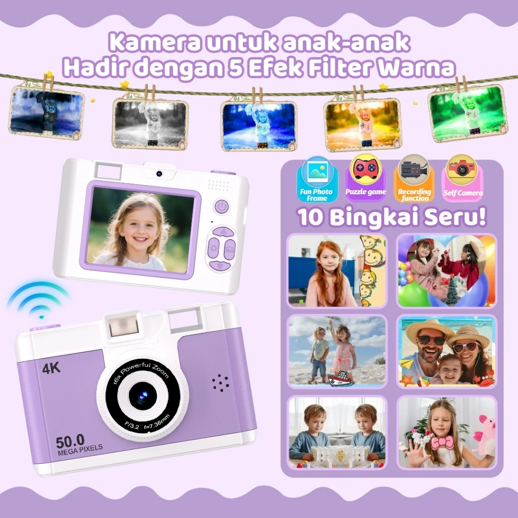 [gratis 32GB]T-JERZEN Kamera Digital 50MP zoom 16x 1080P Tersedia beragam filter bawaan dan dilengkapi lampu flash Baterai tahan lama cocok untuk pemula & pelajar