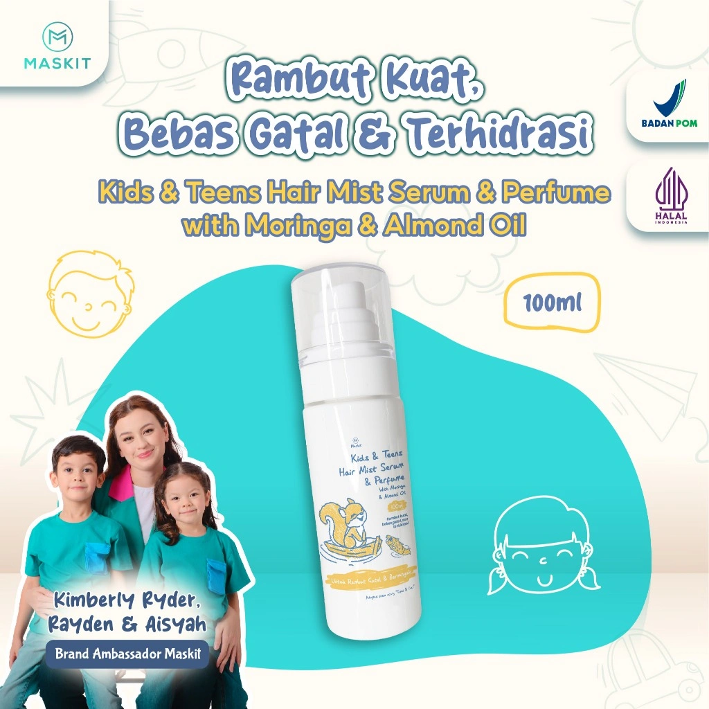Kids & Teens Hair Mist Serum & Perfume with Moringa & Almond Oil untuk Rambut Kuat Bebas Gatal - Maskit 100ml