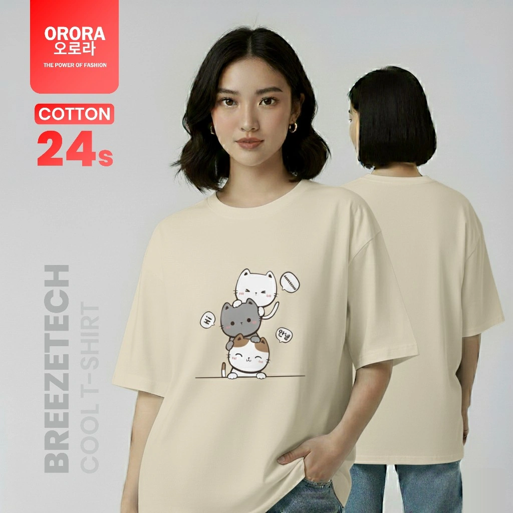 ORORA T-shirt Cute 3 Cat Annyeong Cotton Premium 24s | Kaos Kucing Wanita Korean Style | ORKL 108