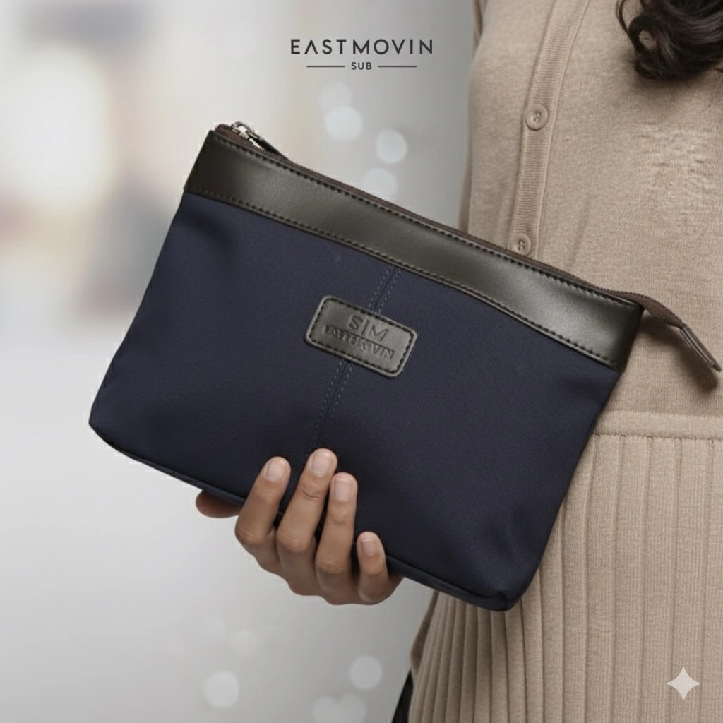 Tas Tangan Handbag Clutch Eastmovin Oliver Pouch Cewek Cowok Biru Navy Kanvas TEBAL Kulit ASLI