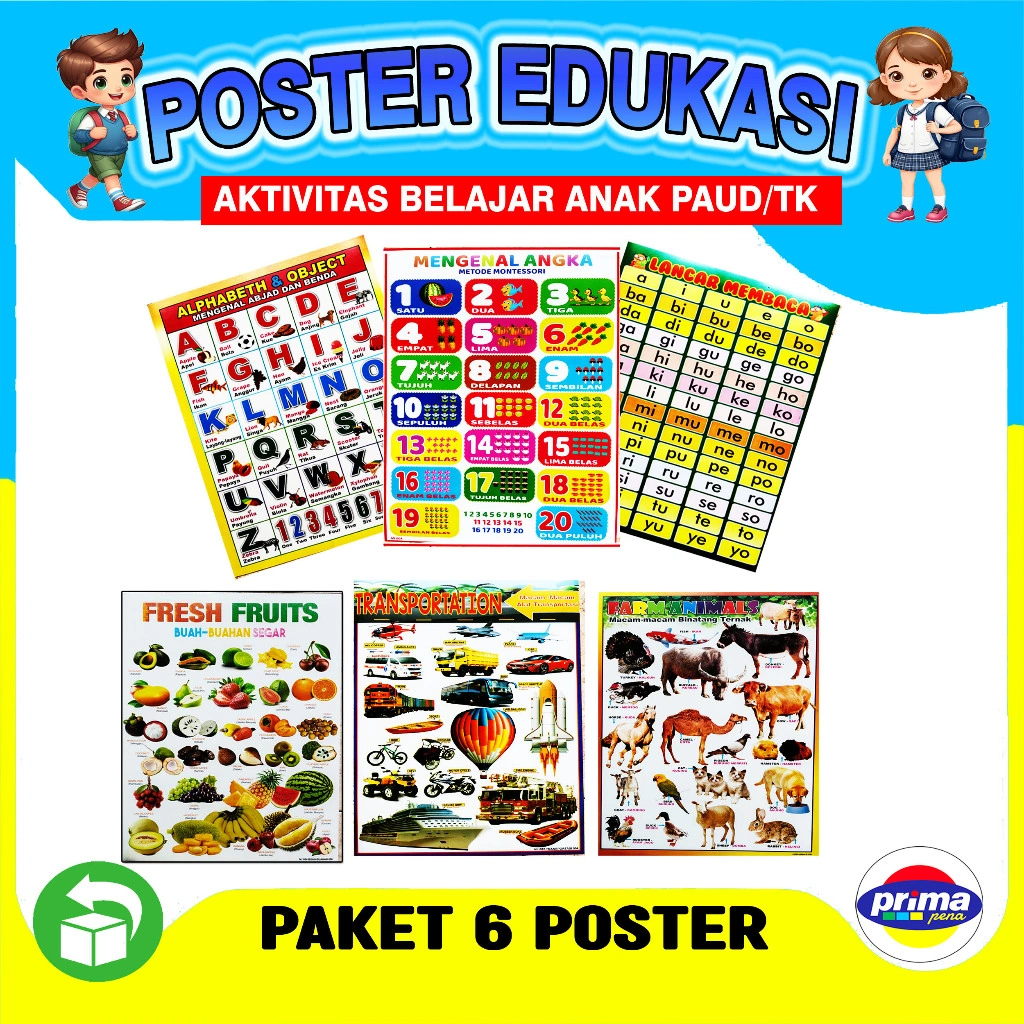 POSTER EDUKASI ANAK BELAJAR/Paud TK/Paket isi 6 Poster