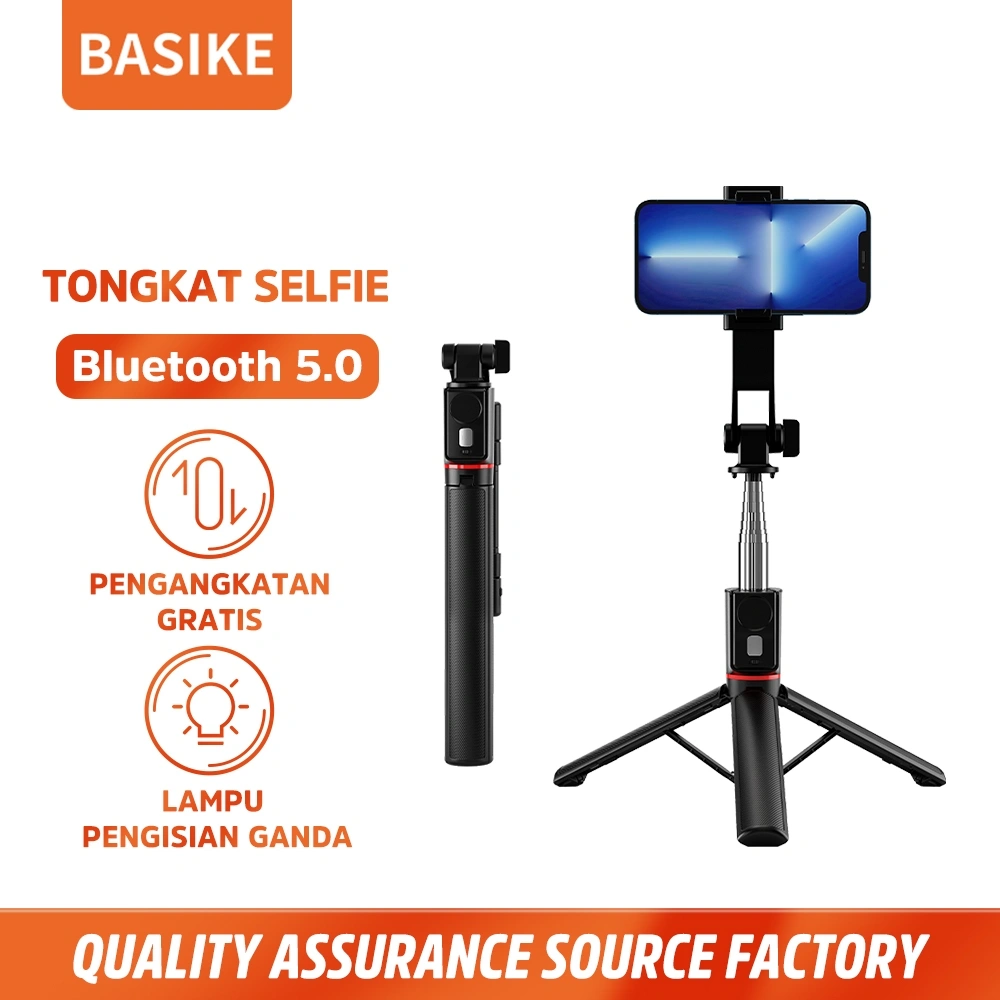 BASIKE Tripod Konten Kreator 4 in 1 Tongsis Bluetooth Remote Selfie Stick with Lampu ring light