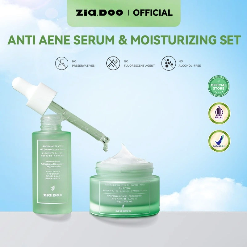 ZIA.DOO Australian Tea Tree Oil Anti Acne Duo 2pcs – Anti Acne Serum 30ml + Moisturizer 50g | 8 Hyaluronic Acid + Ceramide, Pori Kecil, Skin Barrier, Anti Aging, BPOM