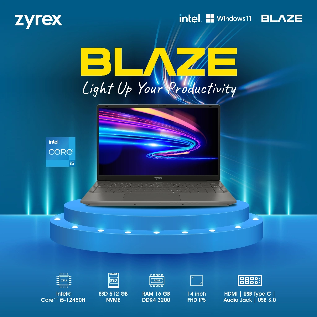 LAPTOP ZYREX BLAZE I5 12450H 16GB 512GB W11 14.0 FHD IPS 2YR GREY