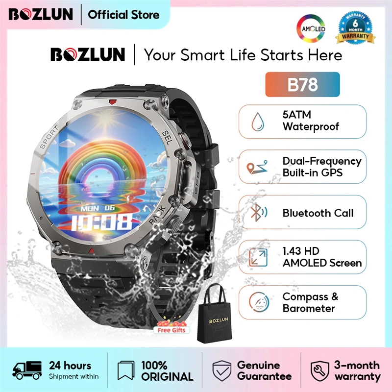 BOZLUN B78 Smartwatch GNSS 6Satelit Built-in GPS Tahan Air 5ATM Layar AMOLED 1.43 Inci 100+ Mode Olahraga Kompas & Barometer Panggilan Bluetooth