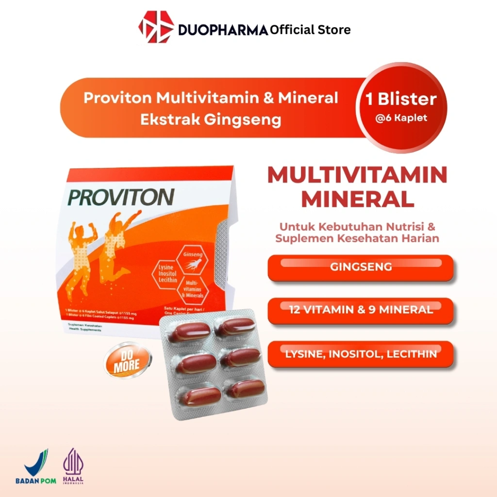 Proviton Multivitamin & Mineral dengan Extrak Ginseng (1 Blister @6 Kaplet) Suplemen Kesehatan Harian 12 Vitamin 9 Mineral Meningkatkan Fokus & Stamina Harian