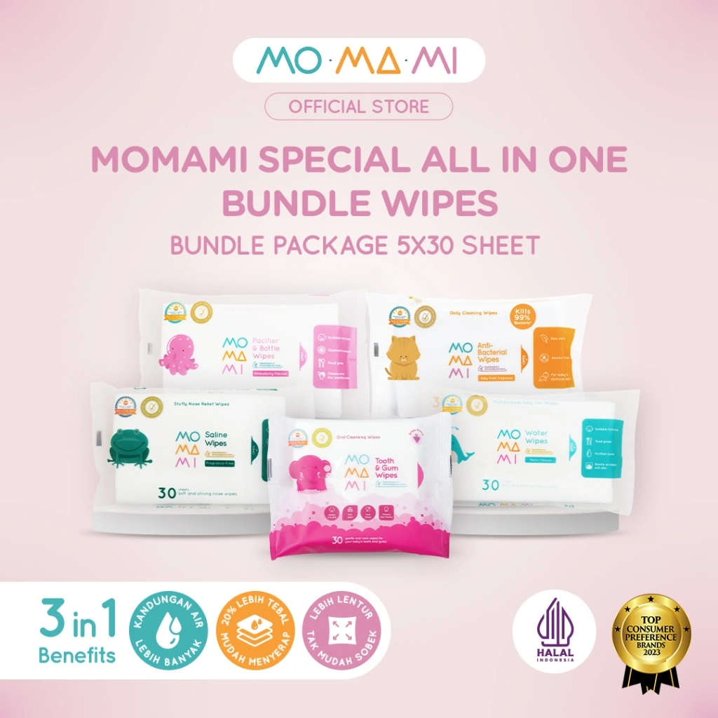 Momami Wet Tissue Bundle Starter 5 Pack Wipes - Paket Hemat All Variant Tisu Basah Anak Bayi