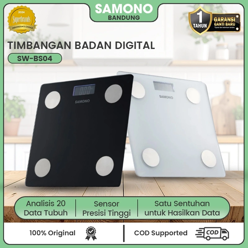 SAMONO Timbangan Digital Smart Body Fat Smart Scale Bluetooth 20 Parameter, Cek Lemak, BMI, Umur Tubuh, Bluetooth App, Akurat 0.05kg, 10 User SW-BS04 - Garansi 1 Tahun