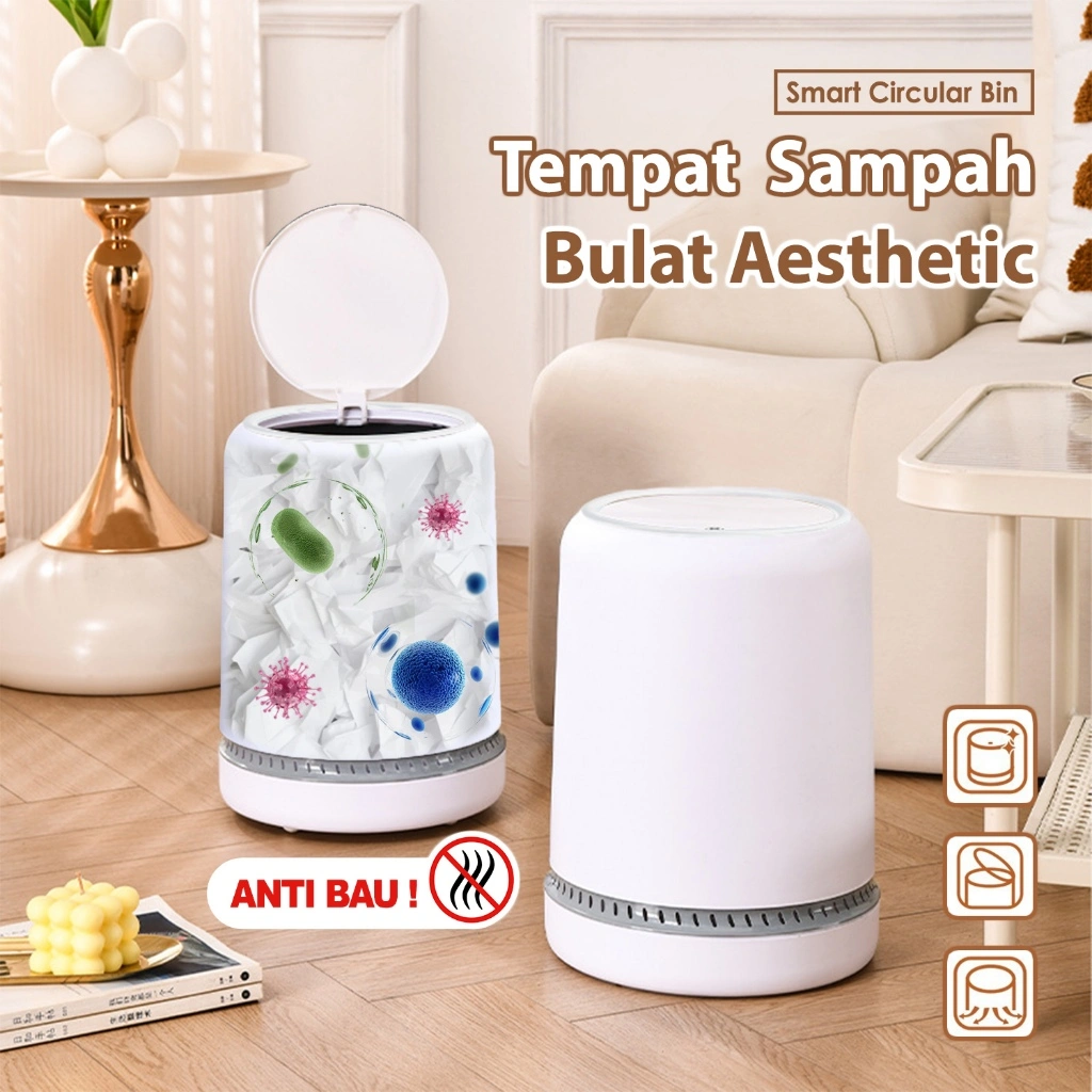 Tempat Sampah Bulat Tutup Pop-Up Sekali Tekan Aesthetic / Tong Plastik Tebal Trash Can Kantor Dapur Kamar - F01B