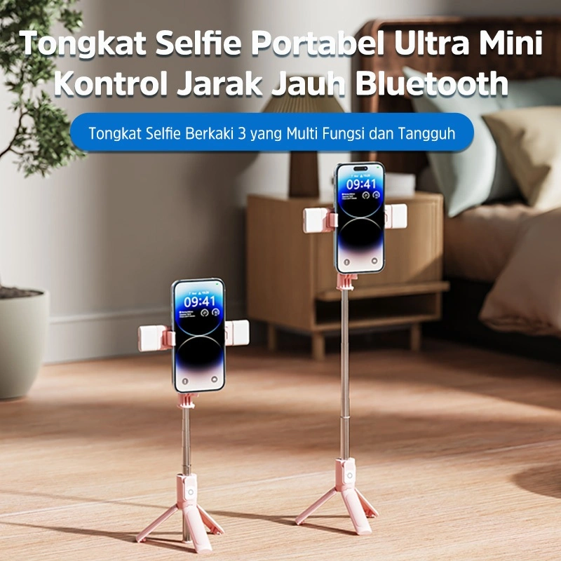 BASIKE Tongsis Tripod Bluetooth Mini hp Selfie Stick Extendable Grip Remote Control Lampu Fill light