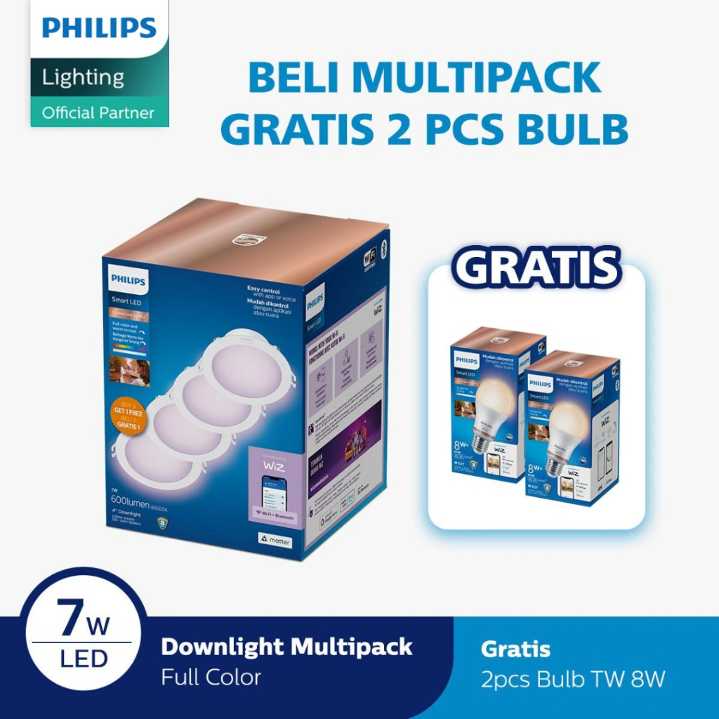 Philips Lampu Smart WiFi LED Downlight  Multipack 7W D100 Color RGB Dapat 2 LEDBULB Smart TW 8W