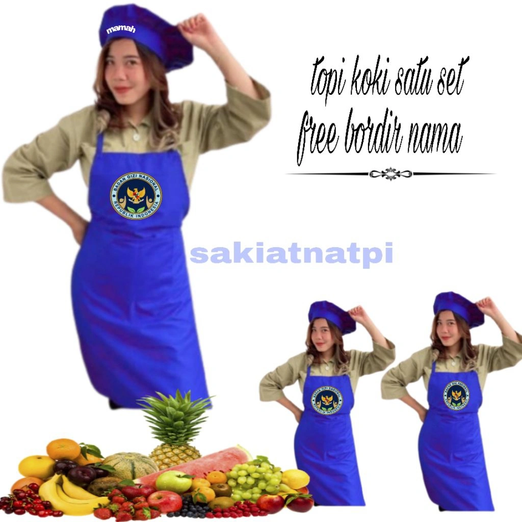 APRON SATU SET DAN TOPI KOKI DENGAN SABLON MBG POLOS DAN NORDIR NAMA