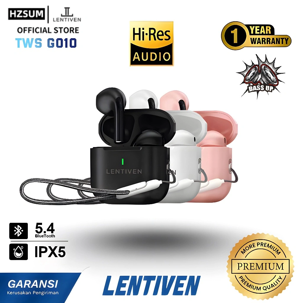 HZSUM LENTIVEN Earbuds TWS Wireless Earphone Bluetooth 5.4 Hi-Res Audio IPX5 Garansi 1 Tahun G010
