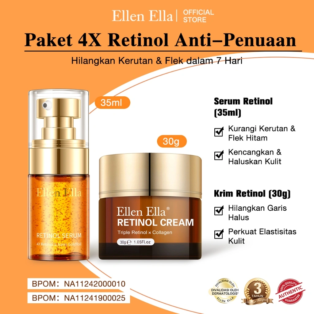 [BPOM] ELLEN ELLA Anti Aging Malam Set 4X Retinol Serum Wajah 35ml + Retinol Cream 30g Anti Aging Essence Dark Spot Serum Brightening untuk Flek Hitam Samarkan Bekas Jerawat Retionl Serum Anti Aging Facial Serum Wajah Retinoid Serum Anti Acne Kerutan