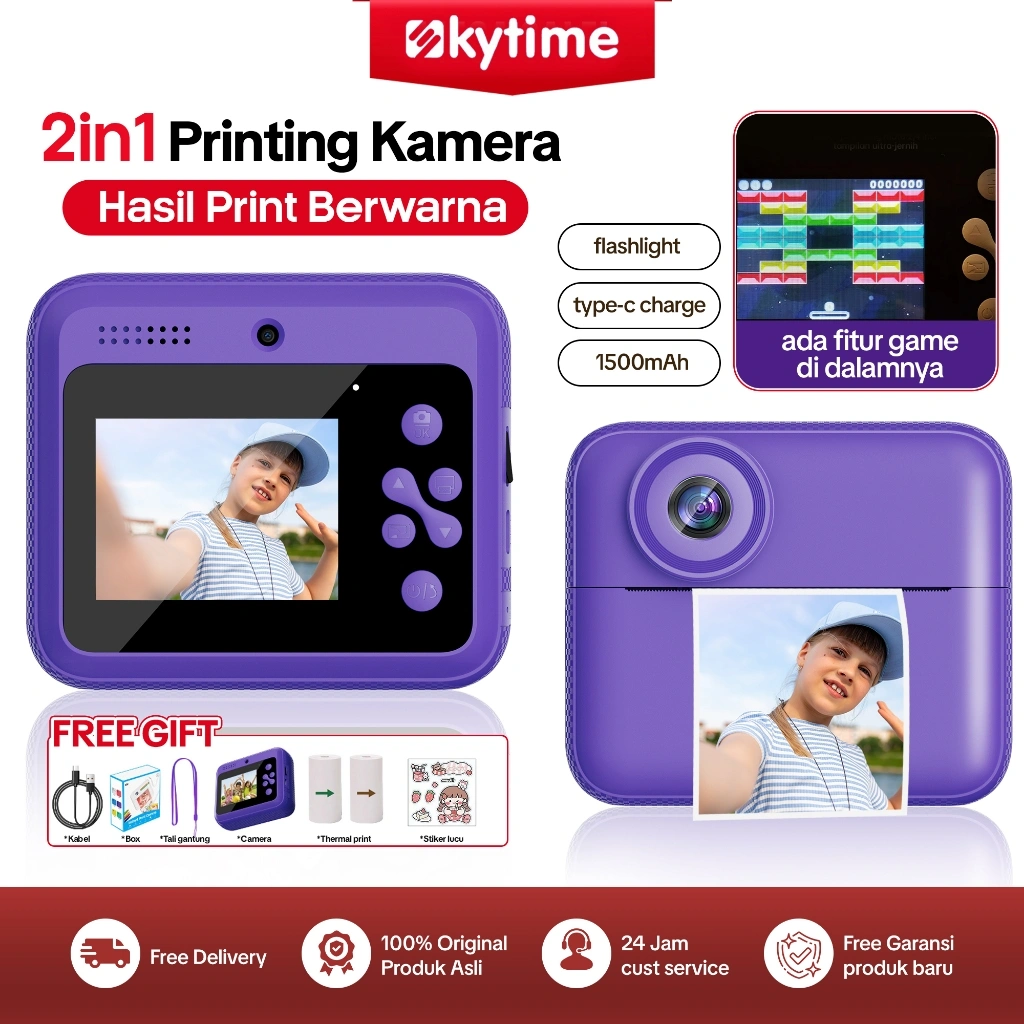 Skytime Kamera Cetak Color Camera Digital Mini Instant Print Dual Camera Resolusi 48 MP FHD 2.4 Inch Games & Filter - MC08