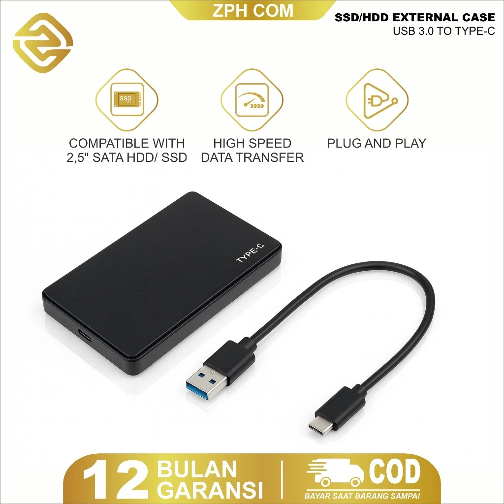 Zph Casing Harddisk & SSD Eksternal – USB 3.0/Type-C, Enclosure Support 2.5" SATA, NVMe & NGFF