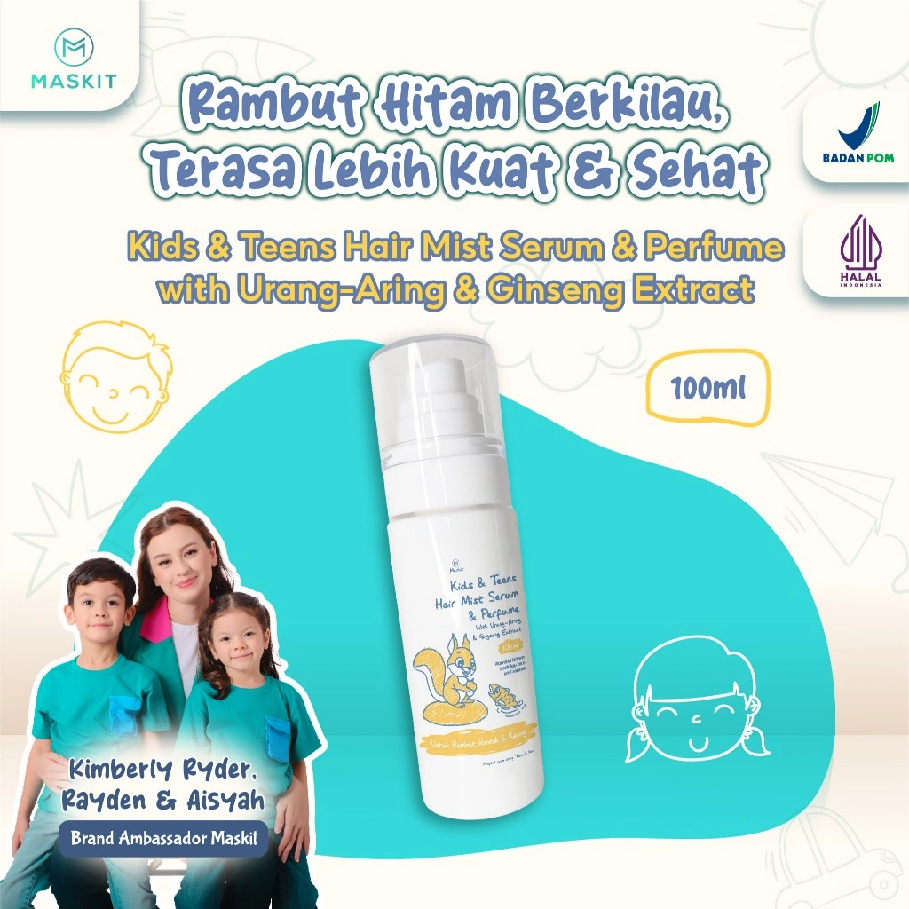 Kids & Teens Hair Mist Serum & Perfume with Urang-Aring & Gingseng Extract Rambut Hitam Berkilau Bebas Rontok - Maskit 100ml