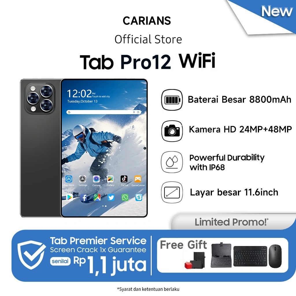 [Gratis Mouse Keyboard]Carians Tablet Pro12 (16GB + 1024GB) | IPS 11.6" | Tablet Murah untuk Belajar,Gaming, Kerja & Hiburan | 5G Dual SIM, WiFi Tablet Anak Android, Kamera 48MP | Kapasitas baterai besar 8800 mAh [Carians Official Store]​