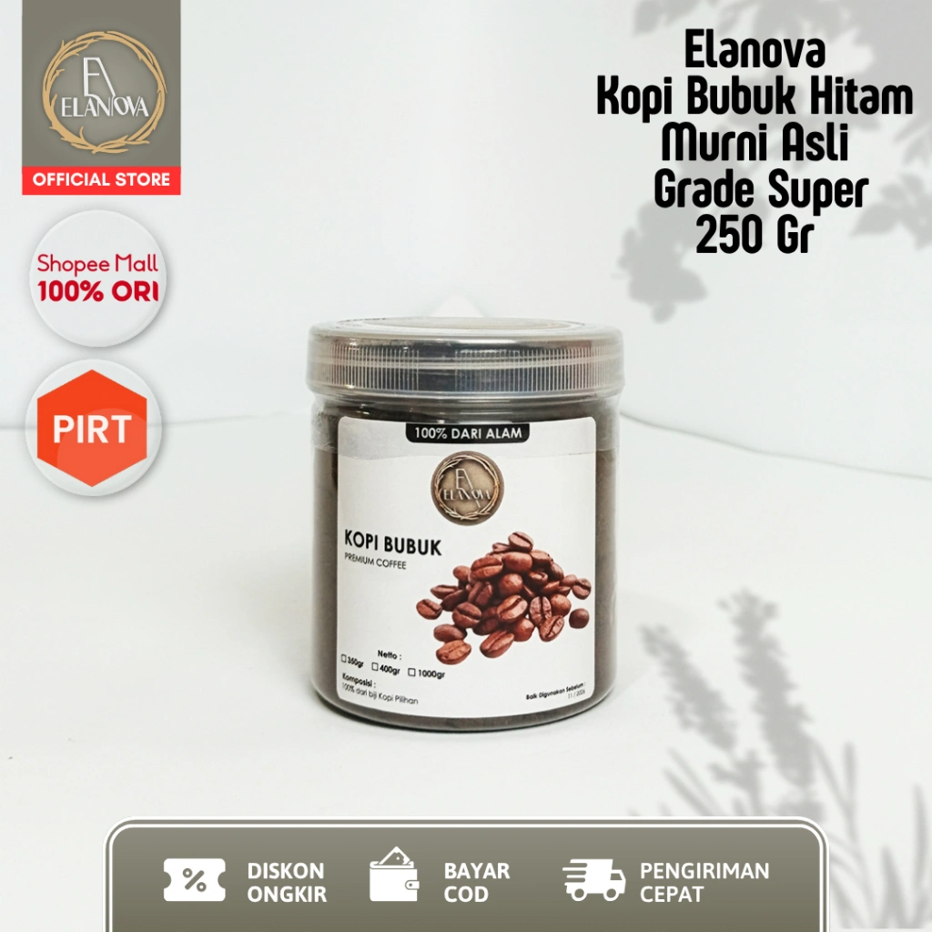 Elanova Kopi Bubuk Hitam Murni Asli 250 gr Grade Super