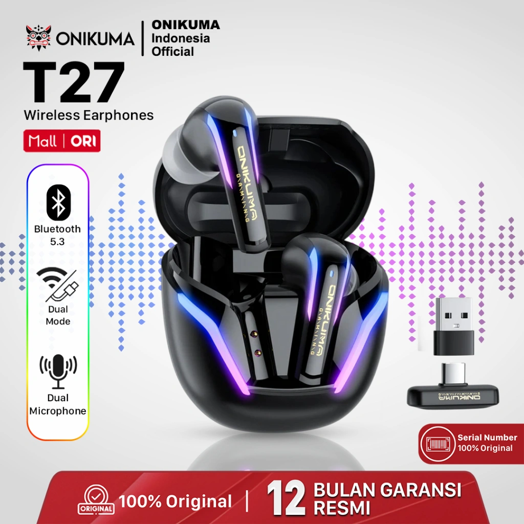 Onikuma T27 Wireless Gaming Earbuds ENC Mic-ONIKUMA T27 – Earbuds Gaming Gak Ada Delay! Dual Mode BT + Dongle-ONIKUMA T27 TWS – Mic Jernih, No Lag, Dual Mode Bluetooth & 2.4G-TWS Gaming Dual Mode Bluetooth & 2.4Ghz Dongle Low Latency True Wireless Earbuds