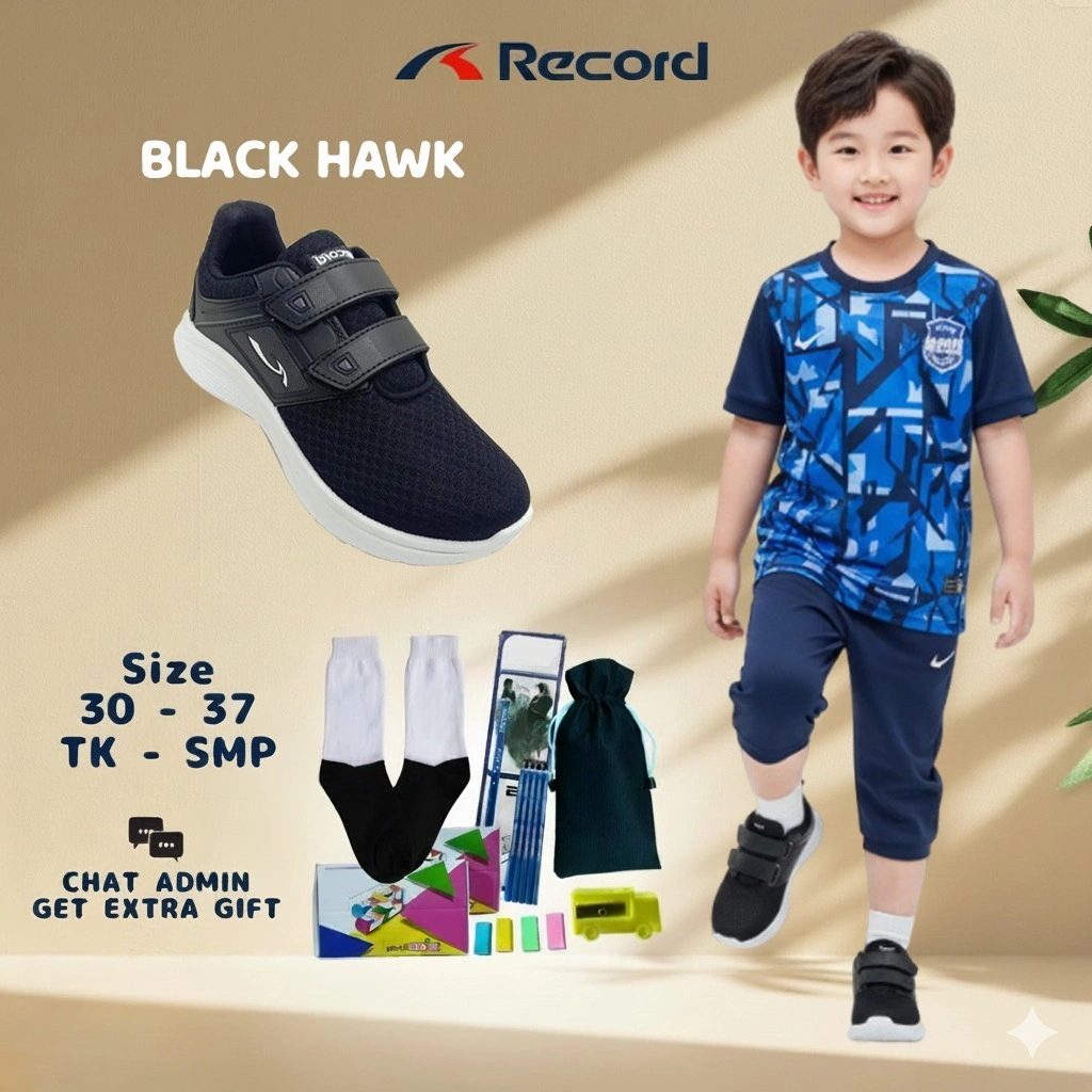 RECORD HAWK SEPATU ANAK TK-SMP 4-13 TAHUN PEREKAT FULL BLACK HITAM PUTIH SEKOLAH 30-37 COWOK/CEWEK