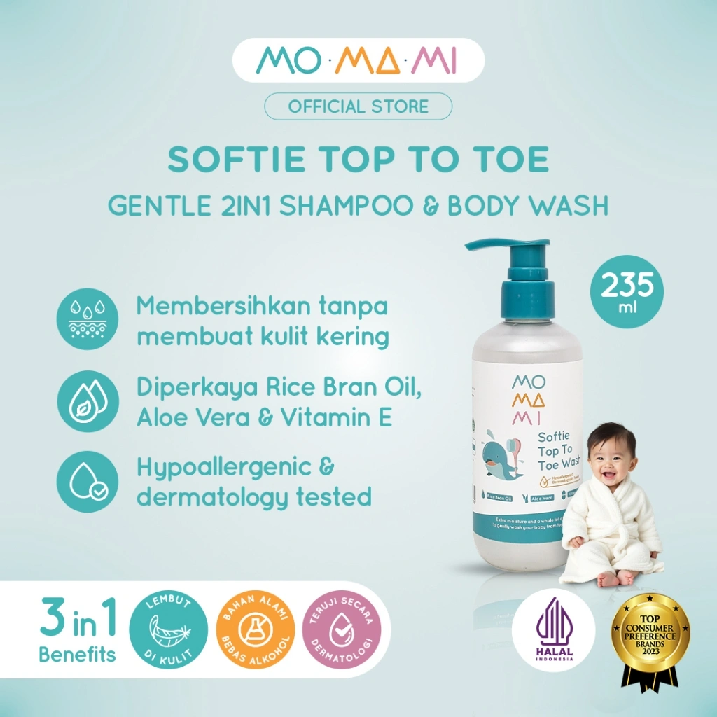 Momami Baby Softie Top to Toe Wash 235 mL-  Sabun Mandi dan Shampoo Aman Untuk Kulit Sensitif Bayi
