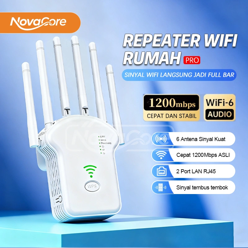 WiFi Repeater 1200Mbps Penguat Sinyal 2.4GHz 4/6 Antena – Penangkap Sinyal Kuat, Tembus Tembok, 2 Port LAN, Tanpa Lag, Cocok Rumah Besar & Kantor