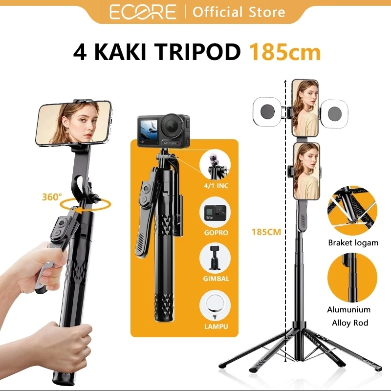 Ecore C11 Tripod Tongsis Selfie Stick 185cm Bluetooth Tongsis 4 Kaki Paduan Aluminium Selfie Stick with Remote Portabel Tripod Dengan 1/4 Adaptor Untuk HP Kamera