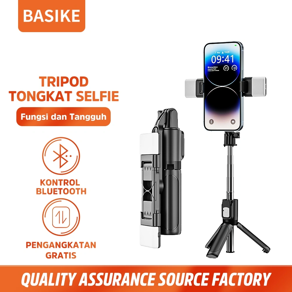BASIKE Tripod Konten Kreator tongsis Hp Bluetooth Selfie Stick Extendable Grip with Lampu ring light