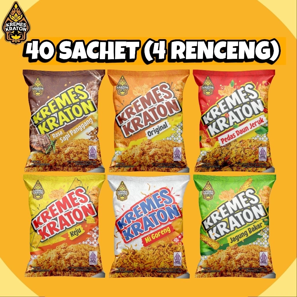 (40 Sachet) Kremes Kraton Sachet 16g - 4 Renceng Original, Pedas Daun Jeruk, Keju, Jagung Bakar, Sapi Panggang, Mi Goreng