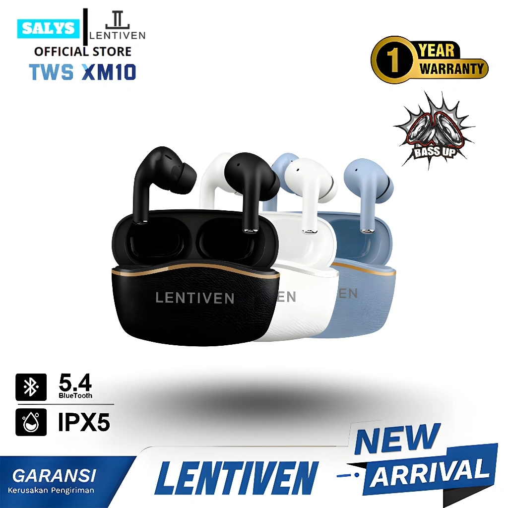 SALYS LENTIVEN Earbuds TWS Wireless Earphone Bluetooth 5.4 Headset Bass Up IPX4 Garansi 1 Tahun XM10
