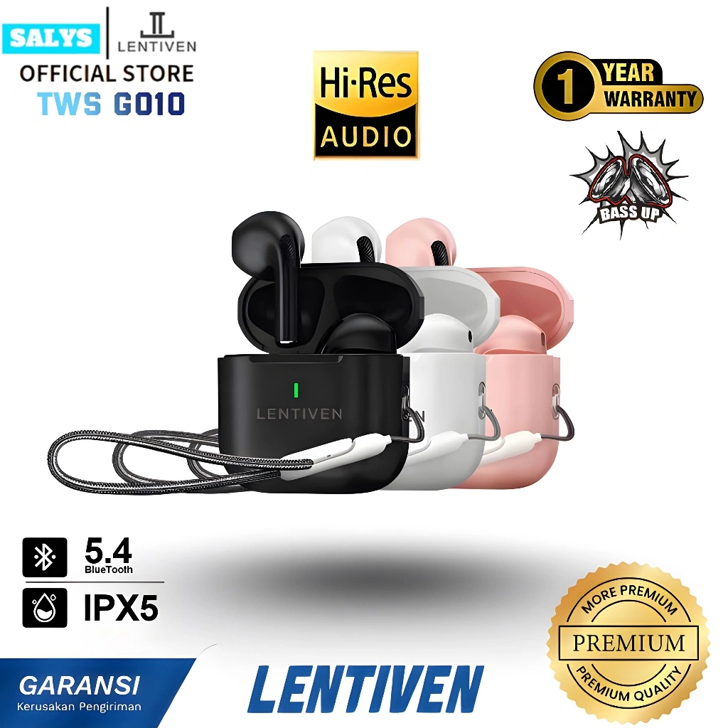 SALYS LENTIVEN Earbuds TWS Wireless Earphone Bluetooth 5.4 Hi-Res Audio IPX5 Garansi 1 Tahun G010