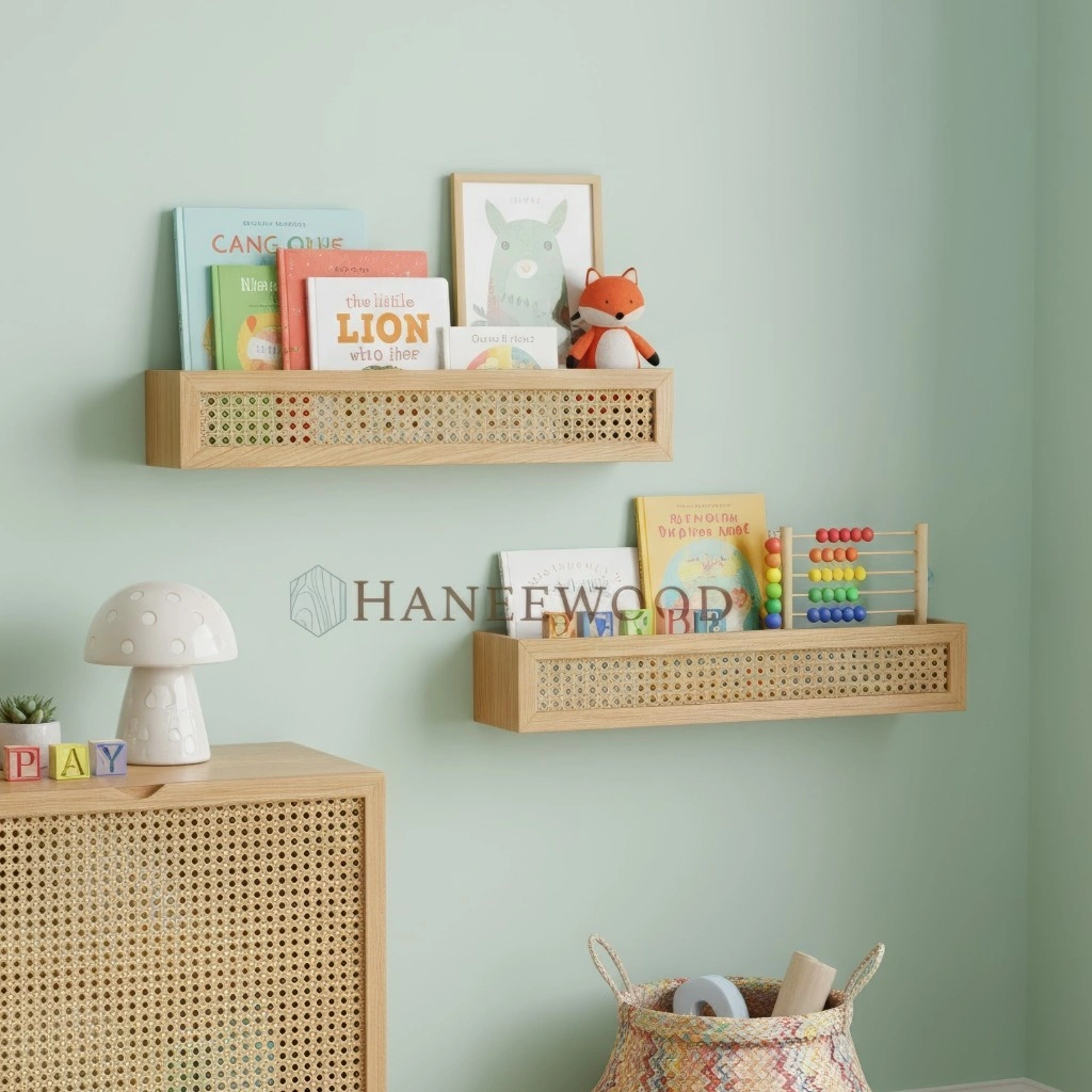 Rak Dinding Rotan Webbing | Rak Buku Aesthetic Korea | Ambalan Kayu Japandi Hiasan Dinding HaneeWood