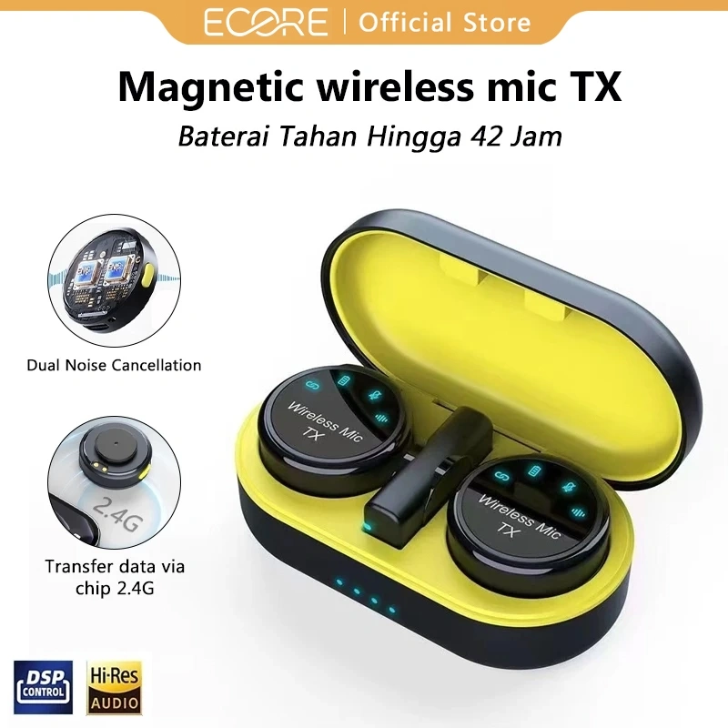 ECORE S37  Wireless Microphone Clip On Mic Dual Lavalier Microphone Magnetic Mikrofon HP Plug & Play Baterai 40 Jam + Charging Case