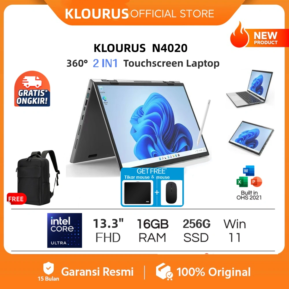 [Free Case Laptop] KLOURUS  Laptop 2in1 360° Flip Touchscreen Intel N4020 13.3" - RAM 16GB/SSD 256GB, IPS HD, Win11, Bisa Jadi Tablet, Cocok untuk Belajar/Kerja/Hiburan, Gratis Stylus Pen, Garansi 1 Tahun [KLOURUS Official Store]​