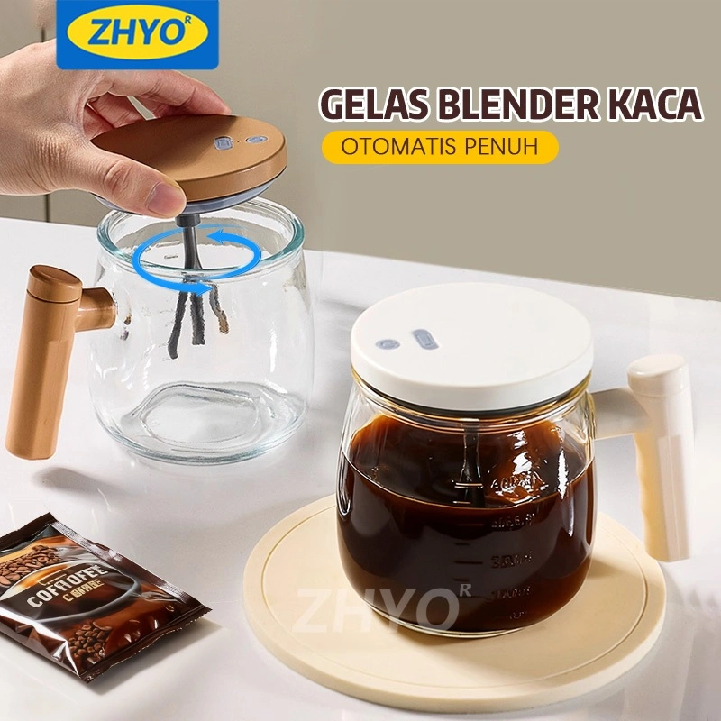 ZHYO Gelas Blender Otomatis & Gelas Minuman 500ML | Aduk Cepat 3 Detik | Kaca Borosilikat Tebal | Tahan Air IP67 | Cocok Untuk Kopi, Jus, Susu, Protein Shake