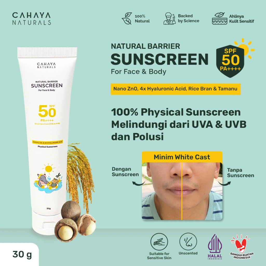 Cahaya Naturals Physical Sunscreen SPF 50+ PA+++ dengan 4x Barrier Protection dari UV dan Polusi | Sunscreen Bayi, Anak & Keluarga