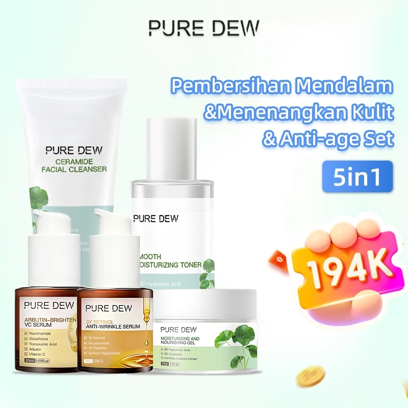 PURE DEW 5Pcs Paket Skincare Brightening & Hydrating Set Skin BarrierHyalucera Moisturize Gel + Low pH Gentle Facial Wash + VC Serum + Essence 3x Retinol Serum + Pure Centella Acne Calming Toner