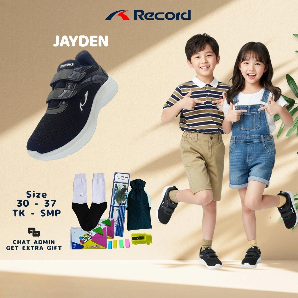 RECORD JAYDEN BTS SEPATU SEKOLAH ANAK TK SD SMP ALL BLACK HITAM PUTIH VELKRO PEREKAT 30-37 COWO CEWE