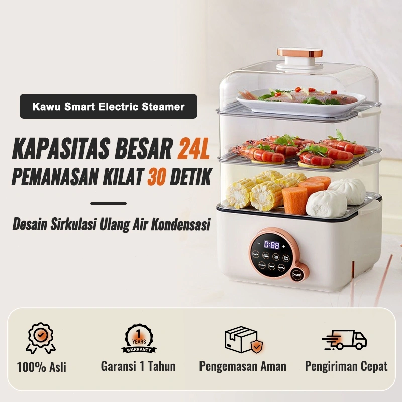 Kawau Electric Steamer Multi functional Electric Steamer 3-layer Beige Egg Food Steamer 24L 3-layer Electric Steamer Suitable for Whole Fish ZG06
