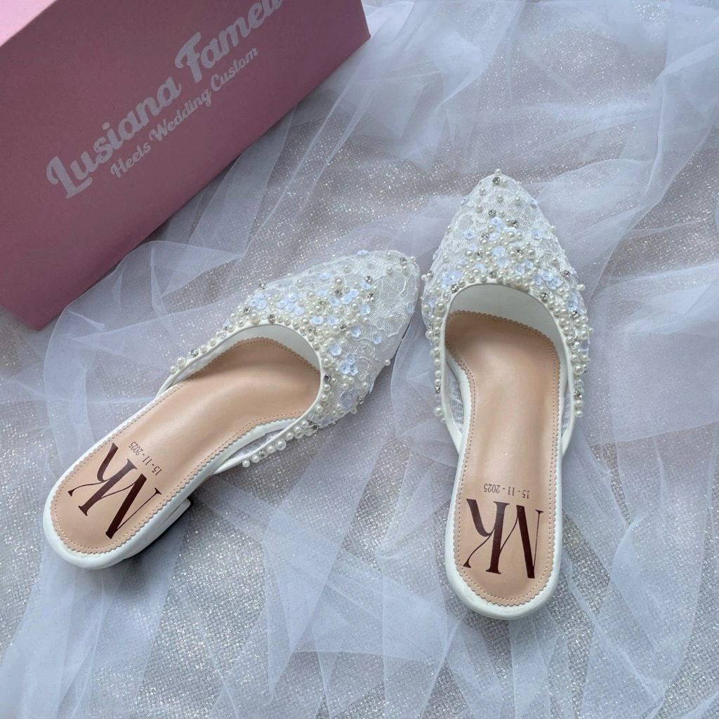 Lusiana fameli I high heels Sepatu wanita payet mutiara acara kondangan lamaran wisuda ootd bentuk U inframe warna putih L02