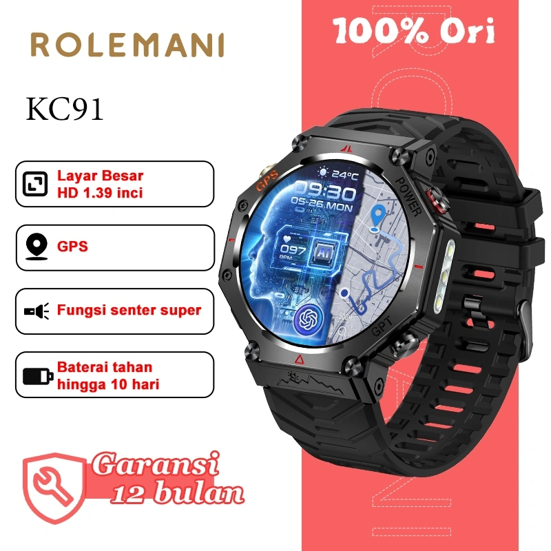 ROLEMANI KC91 SmartWatch GPS 1.39'' Display AOD Cover Lock Compass Bluetooth Call 530mah Battery  Smart Watch Heart Rate Blood Oxygen Sleep Monitoring Waterproof Jam Tangan Pria Smart Watch