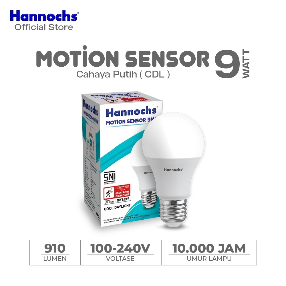 Hannochs Lampu Bohlam LED Motion Sensor/Sensor Gerak 9W Cahaya Putih