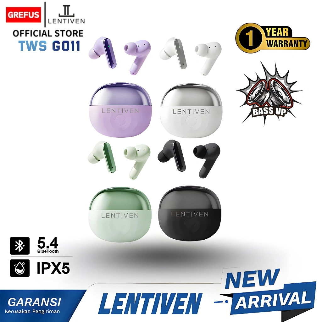 GREFUS LENTIVEN Earbuds TWS Wireless Earphone Headset Bluetooth 5.4 Hi-Res Audio IPX5 Garansi 1 Tahun GO11